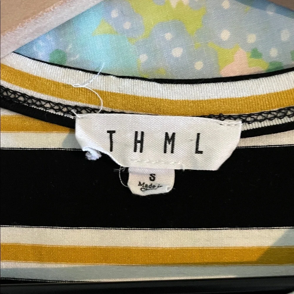 THML | Black/White/Yellow Striped Round‎ Neck Ruffle Sleeveless Top Small